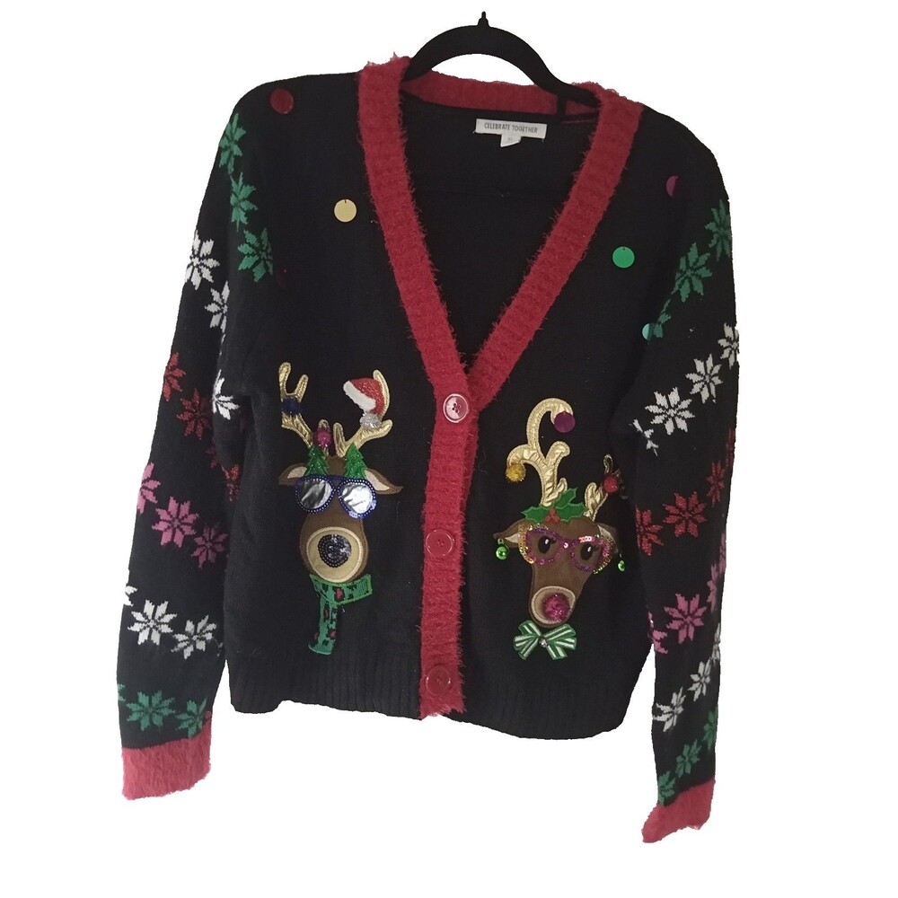 Celebrate Together Womens Ugly Christmas Sweater Cardigan Reindeer Black Size XL